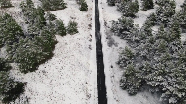 鸟瞰图覆盖的树木在森林和冬天的乡村道路与一辆汽车。高质量4k镜头视频素材