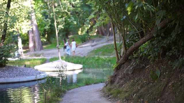 女子在柏油路上奔跑夏日公园视频素材