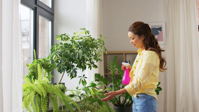 亚洲妇女在家里用水喷洒室内植物视频素材