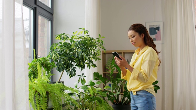 亚洲女性，家里有智能手机和鲜花视频素材