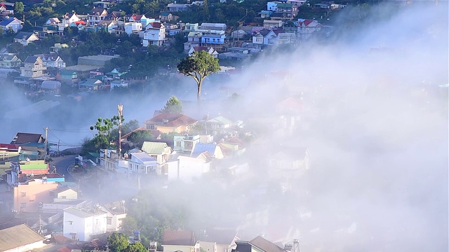 清晨的大latat乡村，薄雾缭绕的住宅，山间的松林在雾中，美妙的风景和浪漫的风景视频素材