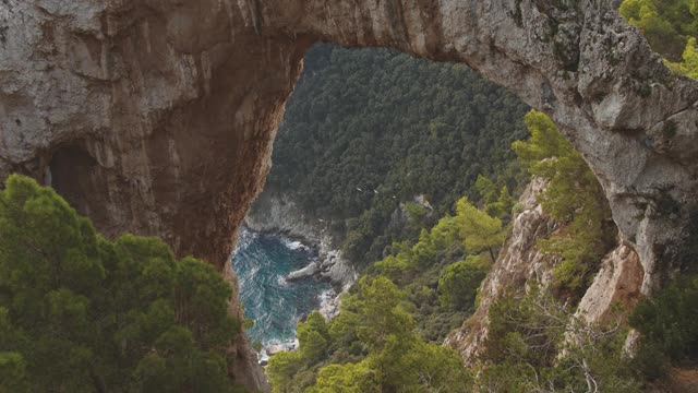 鸟儿飞过海岸。透过山顶的天然拱门观景。意大利卡布里视频素材