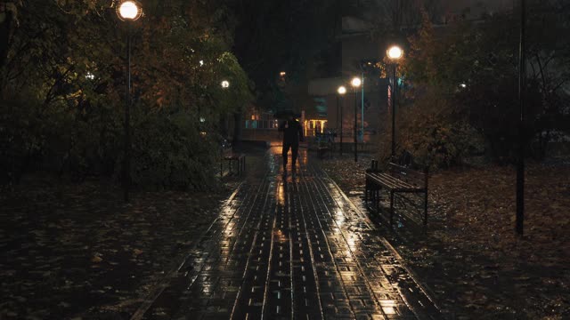 一个人带着伞在秋雨的夜晚独自走在城市小巷里视频素材