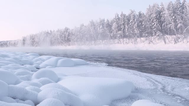 河上有漂浮的冰块。岸边的雪堆和结霜的树木。视频素材