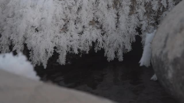 冬天溪水上，岩石上的雪花和霜冻视频素材