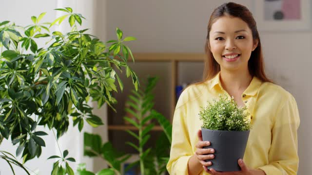 幸福的亚洲女人在花盆在家里视频素材