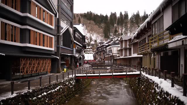 Obanazawa Ginzan Onsen，日本冬天视频素材