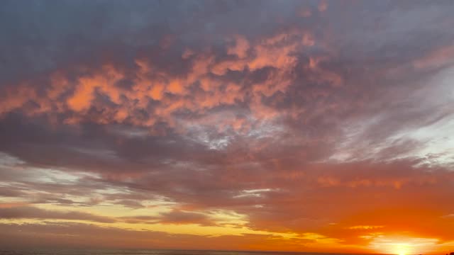 从右到左的夕阳照亮的云与日落在走私者的海湾，阿维拉海滩，圣路易斯奥比斯波县，加利福尼亚州，4K视频视频素材