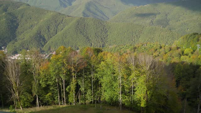 山上有绿水和绿树的湖泊。倒影在水中。美丽的春天风景有山，森林和湖泊。鸟瞰图。无人机在美丽的山林湖泊上空拍摄视频素材