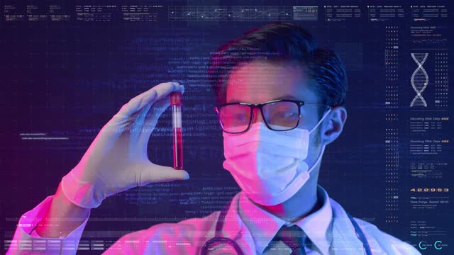 医学科学家医生疫苗研究病毒DNA基因组分析在洁净室实验室用高科技技术人工智能医院医疗保健数字未来虚拟现实视频素材