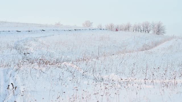 小女孩坐在充气雪橇上从户外山上视频素材