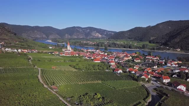 在德瓦肖镇和葡萄园的Weisenkirchen的空中全景图。瓦山谷,奥地利视频素材