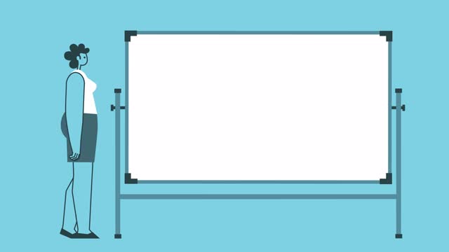 平面平面设计大胆的女人卡通人物在白板附近说话，独立循环2d动画视频素材