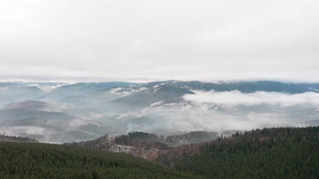 鸟瞰图。神秘的山景在一个多云的秋日。高原上雾蒙蒙的森林。自然背景。喀尔巴阡山脉。多云灰色冬季景观视频素材