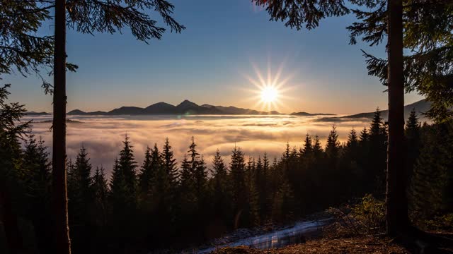 美丽的日落在森林自然与雾云移动在高山景观的宁静傍晚山谷视频素材