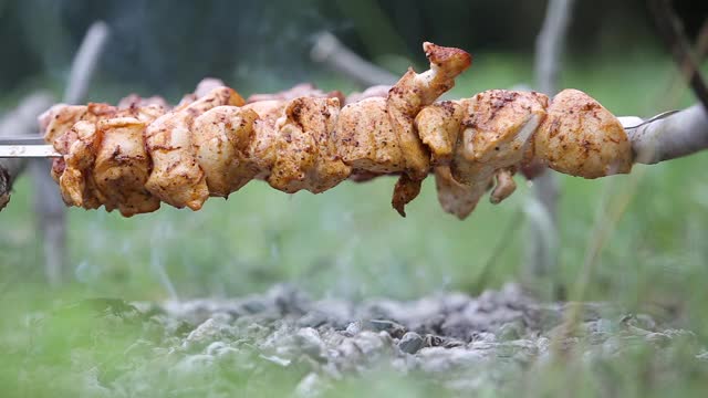 在木炭烤架上准备腌制的烤肉串或羊肉串。烤肉架上的烤肉串。视频素材