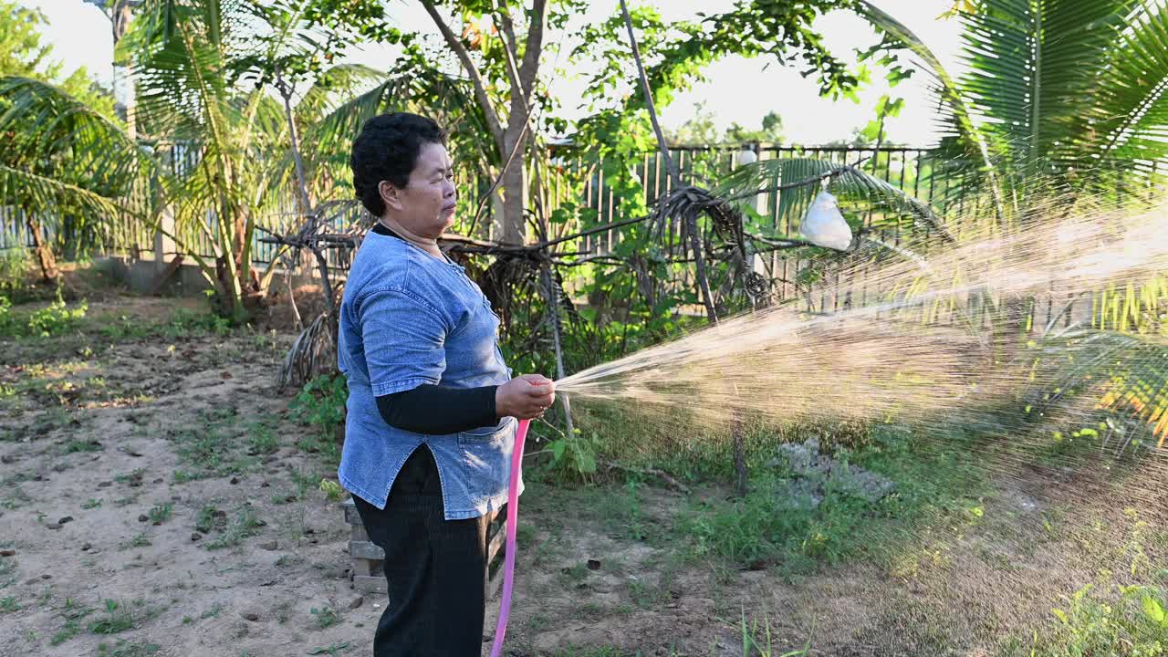 亚洲老人在花园里给植物浇水视频下载