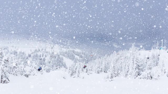 动画景观有冬季景色和滑雪椅升降，杉树林中覆盖着积雪。圣诞冬季庆祝概念数码生成图像视频素材