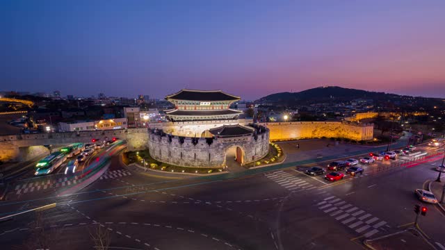 时间间隔4k，韩国水原市华城要塞，长安门视频素材