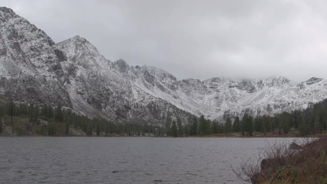 山湖与雪山的岩石山脊在地平线上视频素材