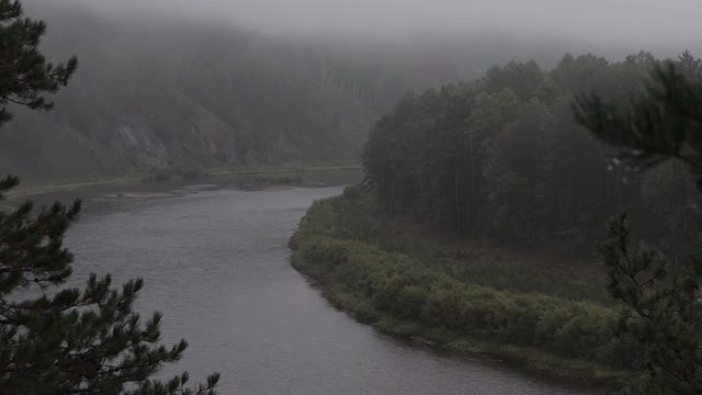 乡村景观有河和雾雾，草木葱郁视频素材