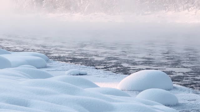 冬季河水与岸边浮冰和雪石的运动视频素材