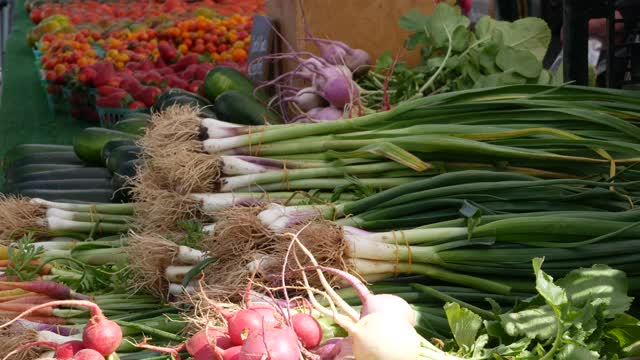 柜台上有有机蔬菜，摊位上有新鲜的本地农产品。美国的农民食品市场。视频素材