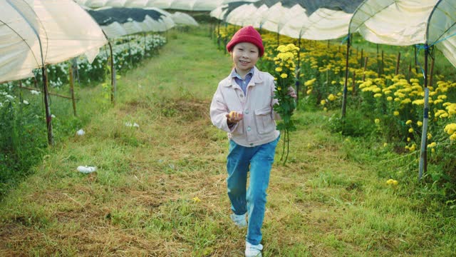 亚洲小孩捧着花在花园农场的背景。4 k慢动作。视频素材