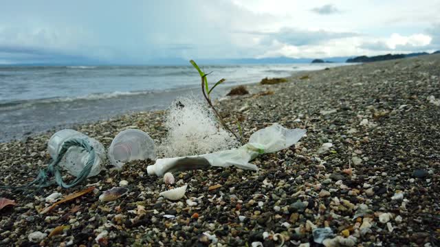 海滩被塑料和废物污染了视频素材