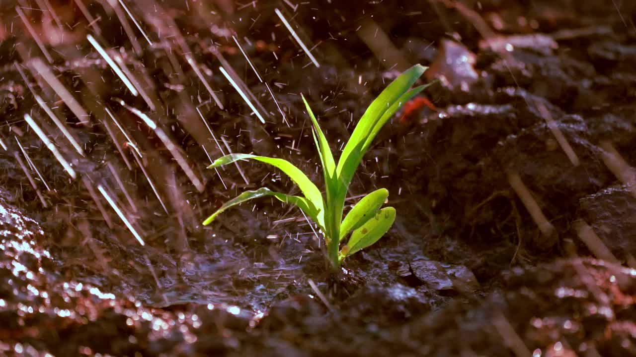 玉米或玉米种植，在有机农田农场在阳光下浇水，滴水背景，有机甜玉米茎在花园里的土壤，近玉米从蔬菜种子生长视频素材