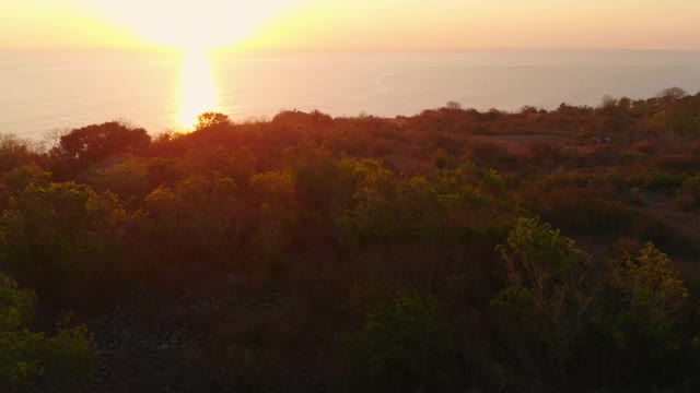 悬崖海岸与海浪，树木和温暖的日落或日出。鸟瞰图视频素材