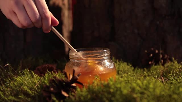 蜂蜜棒从玻璃瓶中舀出香喷喷的蜂蜜。视频下载