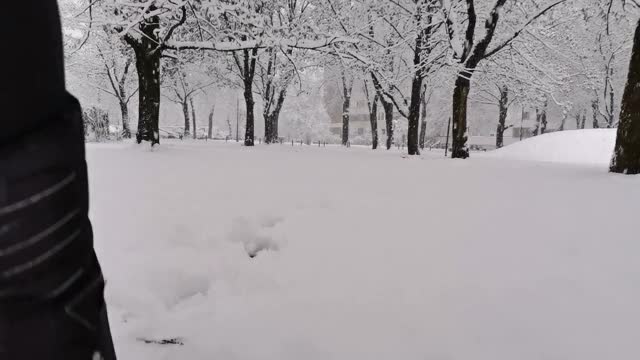 POV冬天的雪走在新雪穿着黑色的靴子和黑色的紧身衣视频下载