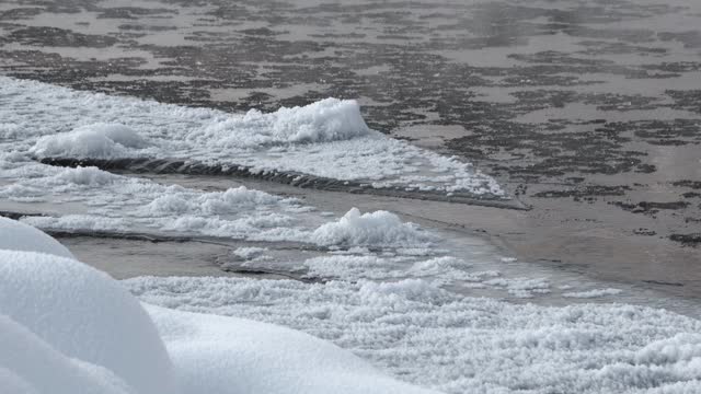 冰冻的河。半水半冰，漂浮在冰冷的河床上视频素材