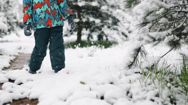 那个男孩在雪地上玩视频素材