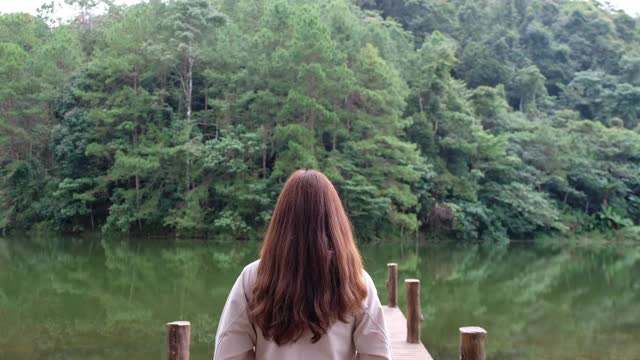 一个女性旅行者走在湖边的木制码头上的后视图视频素材