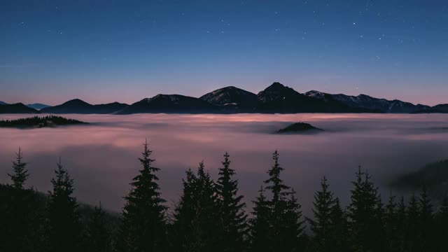 全景式的雾林在山区自然景观与蓝色星空与快速移动的星星视频素材