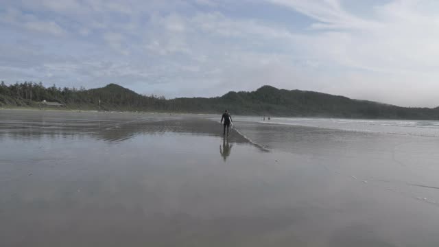 慢动作，一个冲浪者与一个沿着海滩走的板的后视图，温哥华岛视频素材