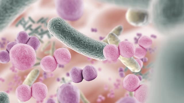 在3D动画中，健康的微生物群变成不健康的微生物群视频素材
