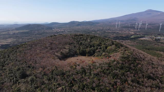 位于韩国济州岛西浦溪的木林加里Oreum(寄生火山)的森林和田野视频素材