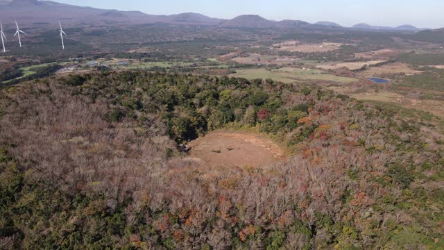 位于韩国济州岛西浦溪的木林加里Oreum(寄生火山)的森林和田野视频素材