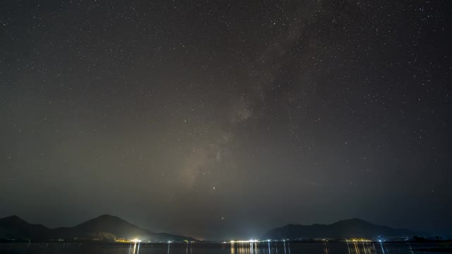 夜晚的星星在山上倒映在水面上视频素材