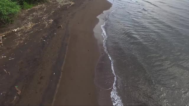 狭长的海滩，海岸边到处是被海水冲上岸的残骸。无人驾驶飞机、空中视频素材