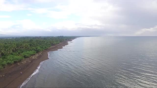 狭长的海滩，海岸边到处是被海水冲上岸的残骸。无人驾驶飞机、空中视频素材