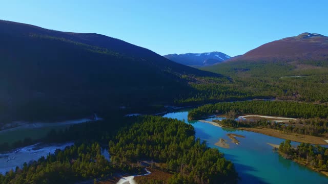 野生山地景观与北方松林和冰川河流。视频素材