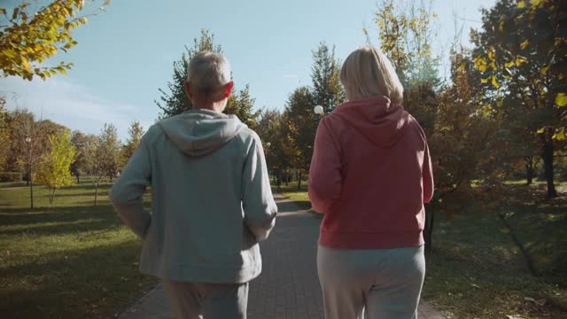 老年男女一起在公园慢跑，健康生活方式，运动情侣视频素材