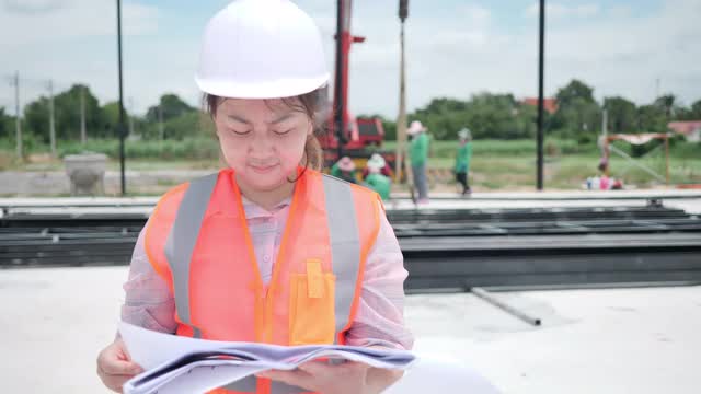 女建筑师正在检查建筑工地的设计图视频素材