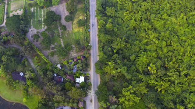 无人机鸟瞰图在绿色森林山里与汽车的漫长道路视频素材