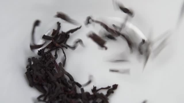 干红茶叶子落在白色陶瓷茶杯的底部视频素材