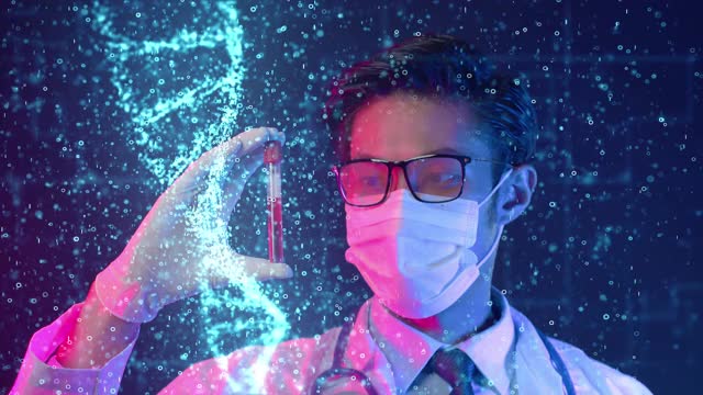 科学家医学医生和病毒疫苗研究，人看血液测试DNA未来的病毒DNA数据信息，医学实验室未来增强现实技术分析。视频素材